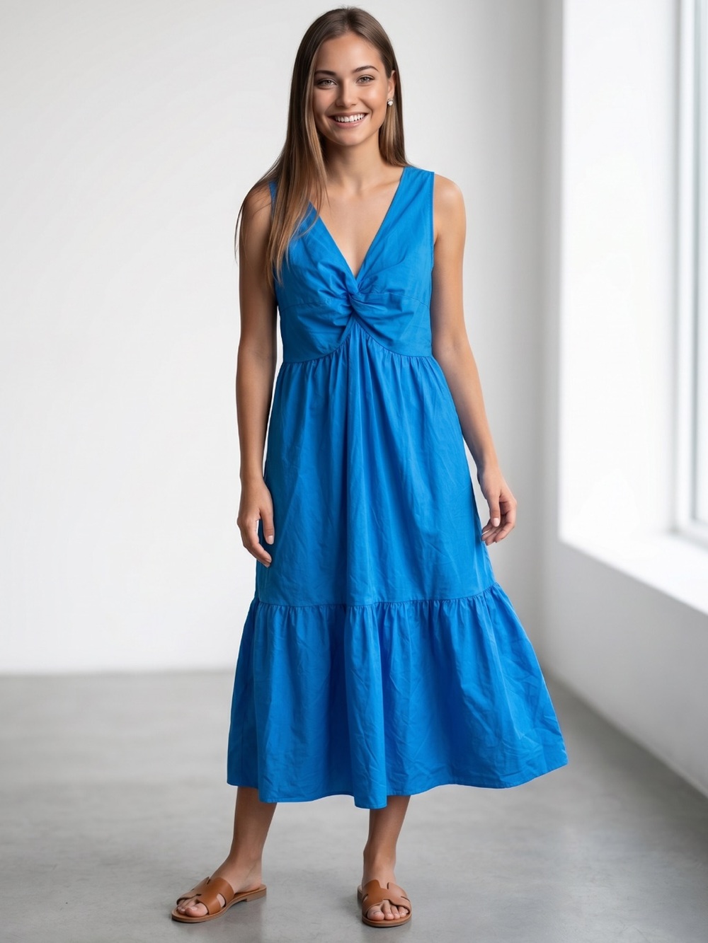 🌻NEW w/tag French Connection Blue Women's Twist Front Dress Midi Casual Size L